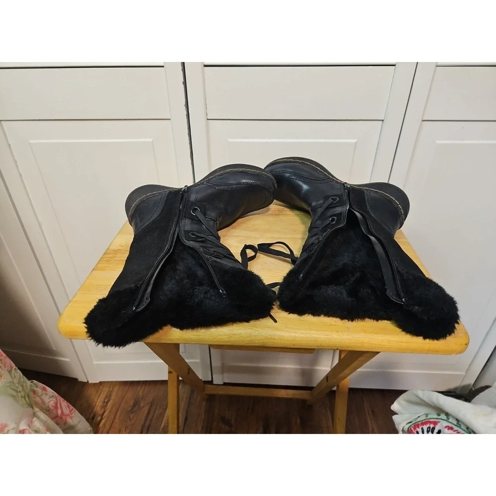 Bear Traps Black Eloquent‎ Winter Boots Faux Fur size 6M Zip & Tie EUC